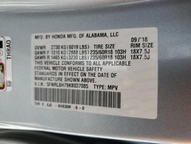 5FNRL6H79KB037085 - 2019 HONDA ODYSSEY EXL SILVER photo 13