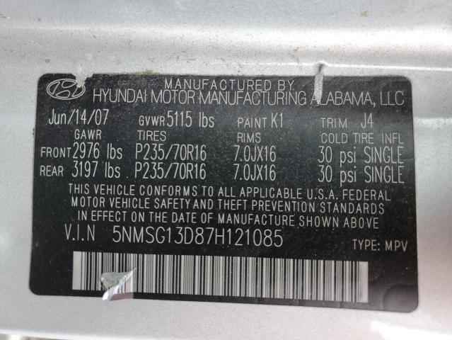 5NMSG13D87H121085 - 2007 HYUNDAI SANTA FE GLS SILVER photo 13