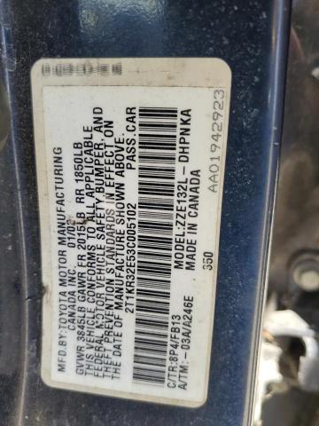 2T1KR32E53C005102 - 2003 TOYOTA COROLLA MA XR BLUE photo 12