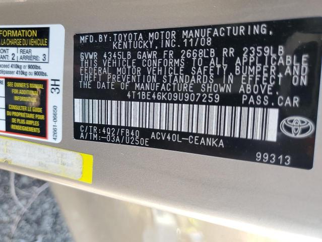 4T1BE46K09U907259 - 2009 TOYOTA CAMRY BASE GOLD photo 13