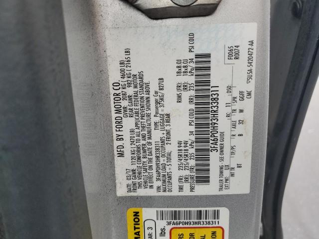 3FA6P0H93HR338311 - 2017 FORD FUSION SE SILVER photo 12