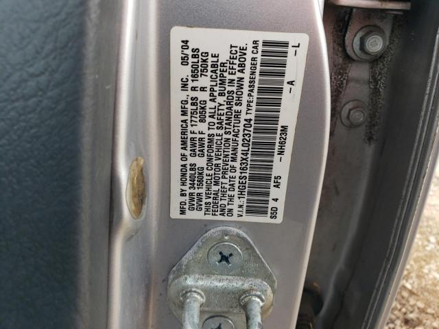 1HGES163X4L023704 - 2004 HONDA CIVIC DX VP SILVER photo 12