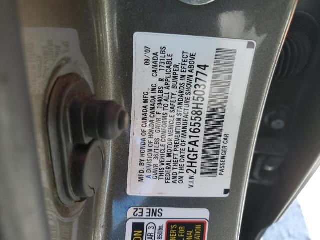 2HGFA16558H503774 - 2008 HONDA CIVIC LX GRAY photo 13