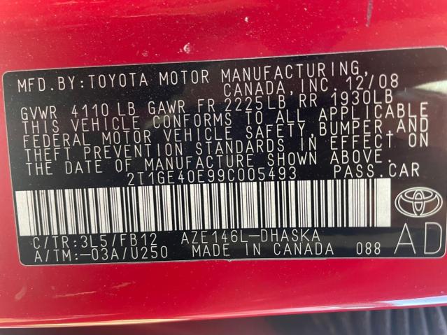 2T1GE40E99C005493 - 2009 TOYOTA COROLLA MA XRS RED photo 10