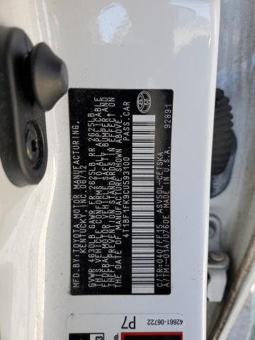 4T1BF1FK9CU593100 - 2012 TOYOTA CAMRY BASE თეთრი ფოტო 12
