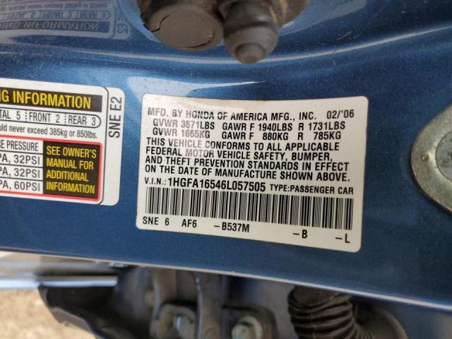 1HGFA16546L057505 - 2006 HONDA CIVIC LX BLUE photo 12