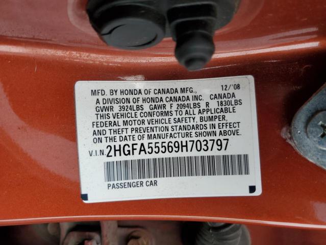 2HGFA55569H703797 - 2009 HONDA CIVIC SI ORANGE photo 12