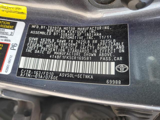 4T4BF1FK5CR169581 - 2012 TOYOTA CAMRY BASE GRAY photo 13