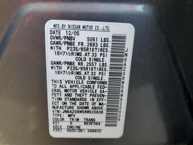 JN8AZ08W56W520806 - 2006 NISSAN MURANO SL GRAY photo 12