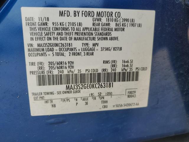 MAJ3S2GE0KC263181 - 2019 FORD ECOSPORT SE ლურჯი ფოტო 13
