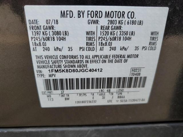 1FM5K8D80JGC40412 - 2018 FORD EXPLORER XLT CHARCOAL photo 12