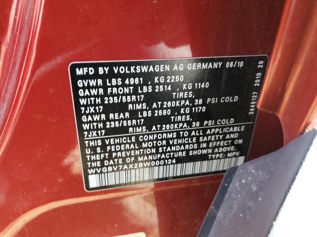 WVGBV7AX2BW000124 - 2011 VOLKSWAGEN TIGUAN S RED photo 12