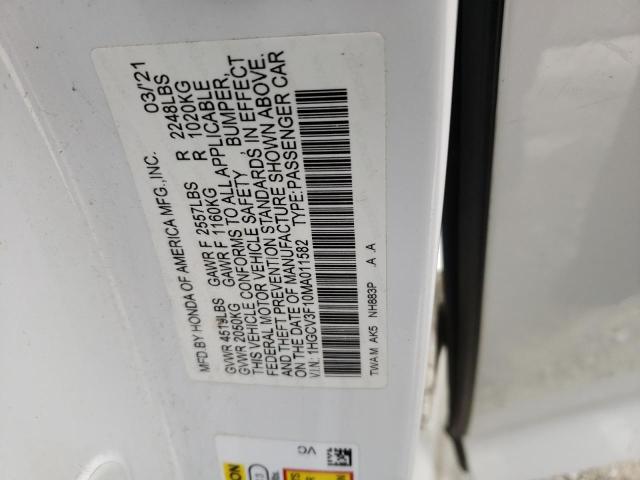 1HGCV3F10MA011582 - 2021 HONDA ACCORD HYBRID WHITE photo 12