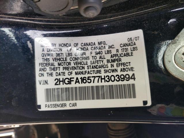 2HGFA16577H303994 - 2007 HONDA CIVIC LX BLACK photo 12