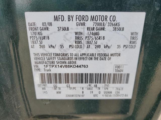 1FTPX14V88KD44763 - 2008 FORD F150 GREEN photo 12