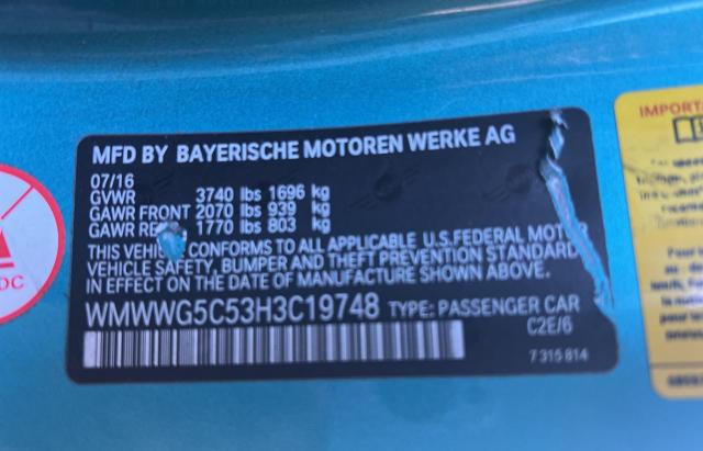 WMWWG5C53H3C19748 - 2017 MINI COOPER BLUE photo 10