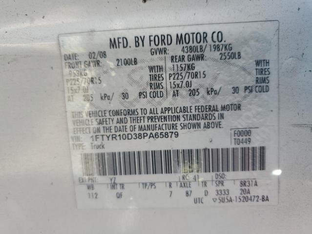 1FTYR10D38PA65879 - 2008 FORD RANGER WHITE photo 12