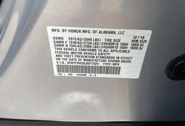 5FNYF5H33LB017524 - 2020 HONDA PILOT EX SILVER photo 10