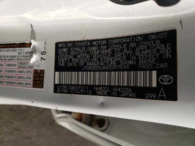 JTDKB20U683297934 - 2008 TOYOTA PRIUS WHITE photo 12