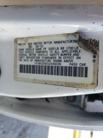 1Y1SK52881Z440236 - 2001 CHEVROLET GEO PRIZM BASE WHITE photo 12