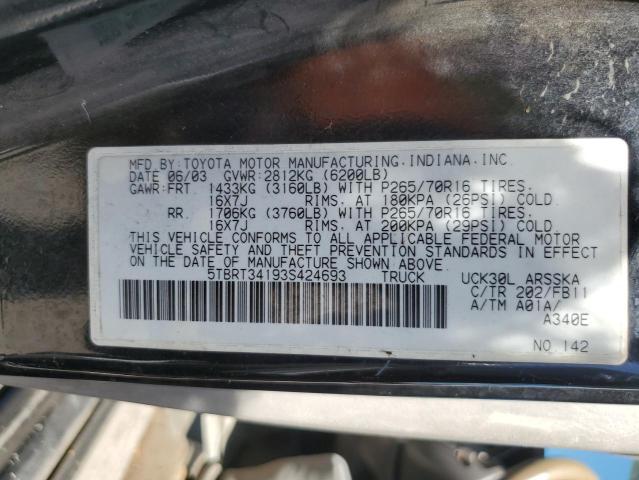 5TBRT34193S424693 - 2003 TOYOTA TUNDRA ACCESS CAB SR5 BLACK photo 12