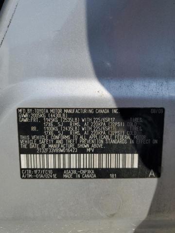 2T3ZF33V89W016423 - 2009 TOYOTA RAV4 SILVER photo 12