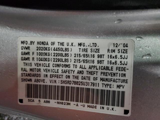 SHSRD78825U317911 - 2005 HONDA CR-V EX SILVER photo 12