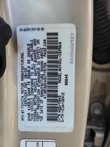 4T1BE32K43U779759 - 2003 TOYOTA CAMRY LE GOLD photo 13