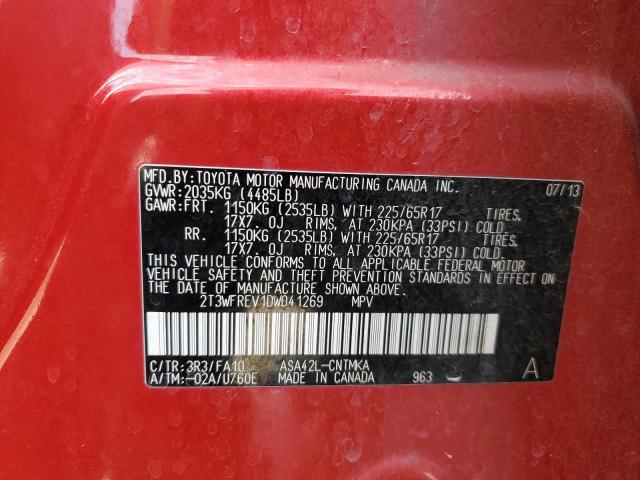 2T3WFREV1DW041269 - 2013 TOYOTA RAV4 XLE RED photo 12