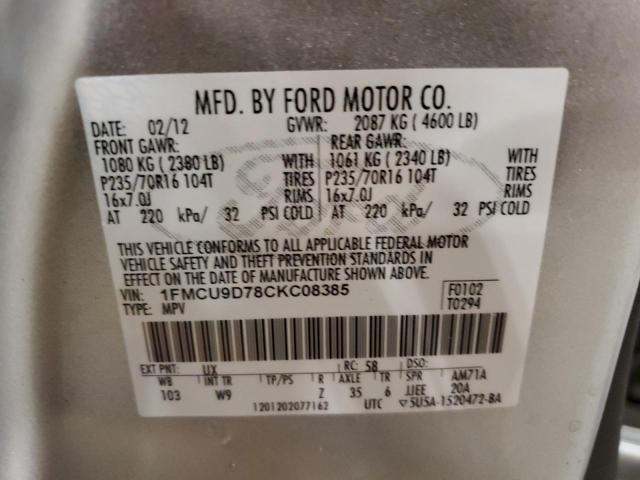 1FMCU9D78CKC08385 - 2012 FORD ESCAPE XLT SILVER photo 13