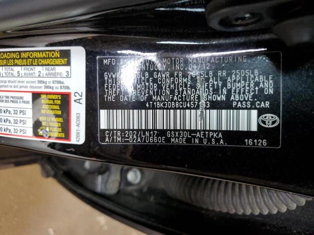 4T1BK3DB8CU457163 - 2012 TOYOTA AVALON BASE 黑色 照片 12