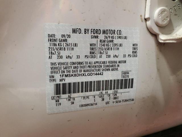 1FMSK8DHXLGD14442 - 2020 FORD EXPLORER XLT WHITE photo 13