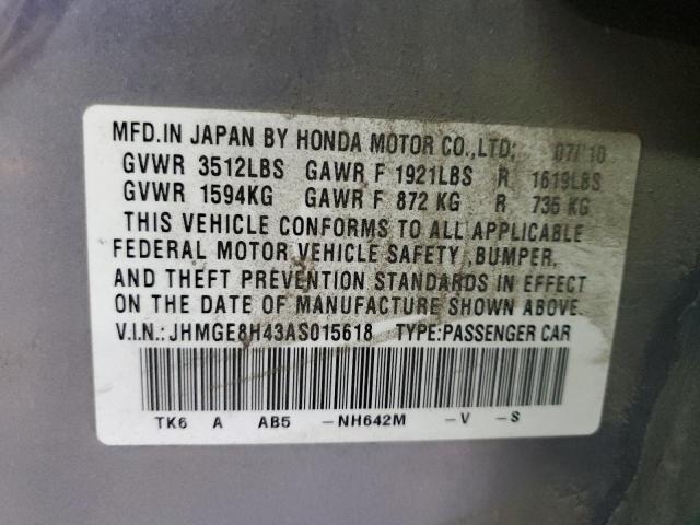 JHMGE8H43AS015618 - 2010 HONDA FIT SPORT GRAY photo 12