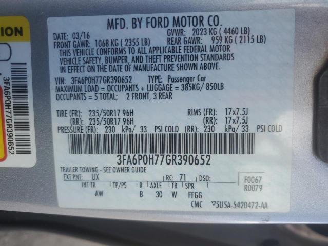 3FA6P0H77GR390652 - 2016 FORD FUSION SE SILVER photo 12