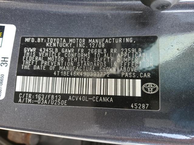 4T1BE46K49U393772 - 2009 TOYOTA CAMRY BASE GRAY photo 12