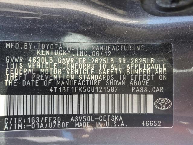 4T1BF1FK5CU121587 - 2012 TOYOTA CAMRY BASE GRAY photo 13