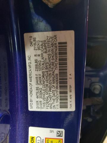 1HGCV1F36KA093059 - 2019 HONDA ACCORD SPORT BLUE photo 12