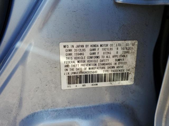 JHMGE8H46AC025649 - 2010 HONDA FIT SPORT BLUE photo 12