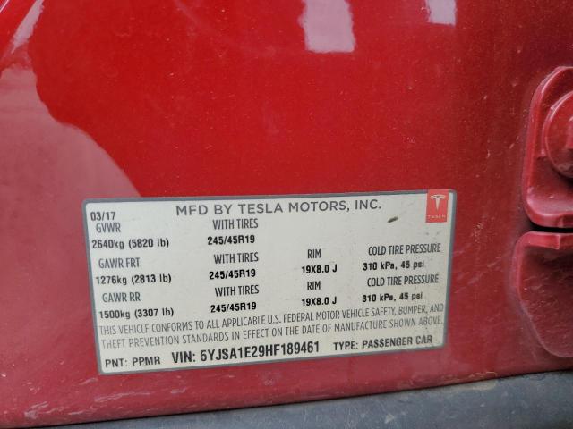 5YJSA1E29HF189461 - 2017 TESLA MODEL S RED photo 12