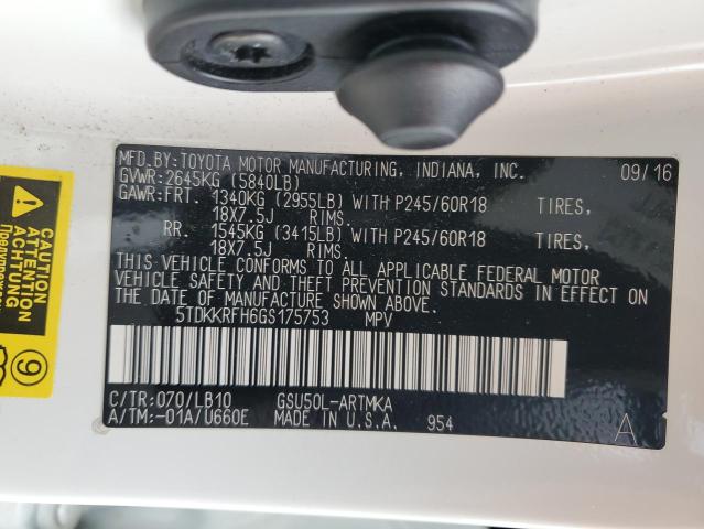 5TDKKRFH6GS175753 - 2016 TOYOTA HIGHLANDER XLE 白色 照片 14