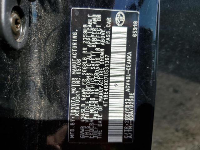 4T1BE46K07U531367 - 2007 TOYOTA CAMRY CE BLACK photo 12