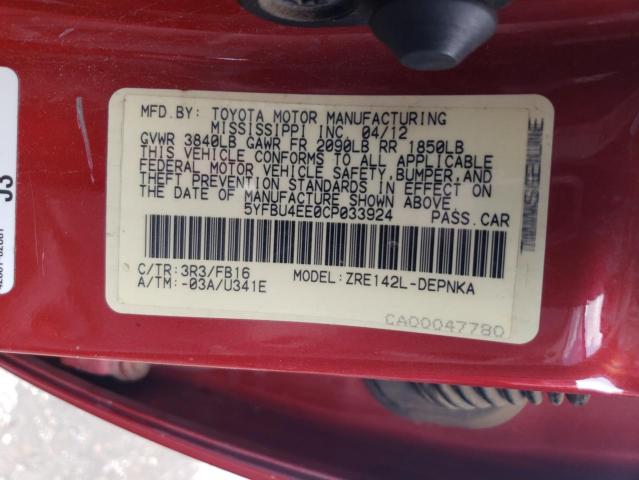 5YFBU4EE0CP033924 - 2012 TOYOTA COROLLA BASE Բորդո լուսանկար 12