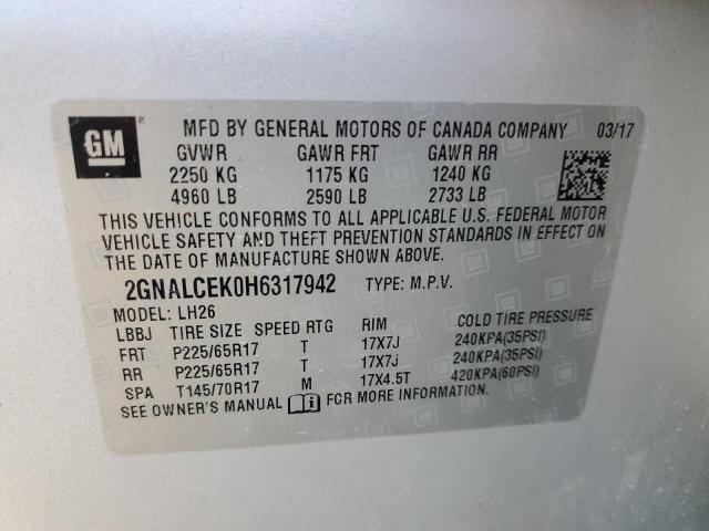 2GNALCEK0H6317942 - 2017 CHEVROLET EQUINOX LT SILVER photo 12