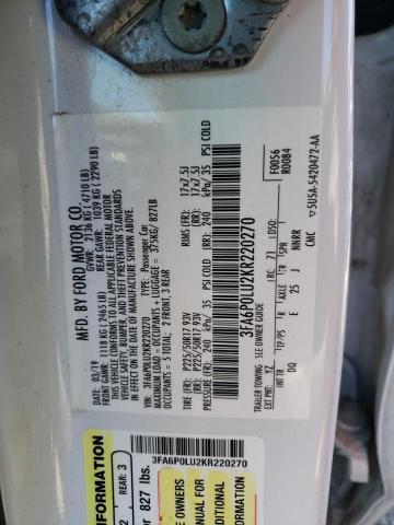 3FA6P0LU2KR220270 - 2019 FORD FUSION SE WHITE photo 13