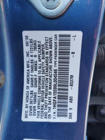 1HGFA15599L004546 - 2009 HONDA CIVIC LX BLUE photo 12