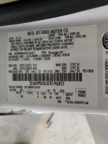 3FAHP0HA3CR196831 - 2012 FORD FUSION SE WHITE photo 12