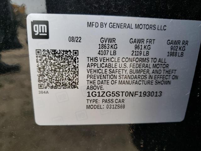 1G1ZG5ST0NF193013 - 2022 CHEVROLET MALIBU RS BLACK photo 12