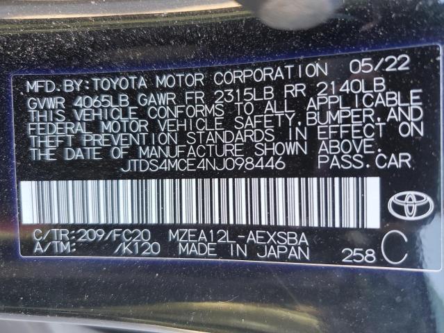 JTDS4MCE4NJ098446 - 2022 TOYOTA COROLLA SE BLACK photo 12