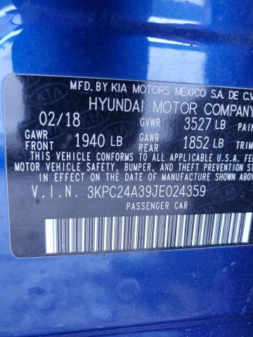 3KPC24A39JE024359 - 2018 HYUNDAI ACCENT SE BLUE photo 13