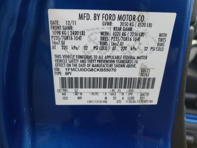 1FMCU0DG8CKB55070 - 2012 FORD ESCAPE XLT BLUE photo 12